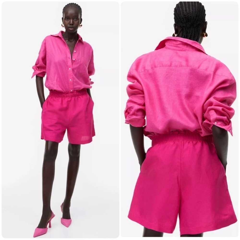 H&M Linen Blend Paperbag Waist Shorts Fuchsia Pink